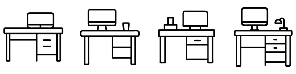 office desk icon, office line art, office vector - simple black line art icon of office desk perfect for logos, and office-themed designs.