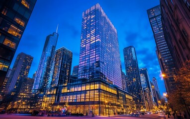 Obraz premium Modern skyscraper at twilight, city lights illuminate the building's sleek architecture. Stunning urban cityscape at night.