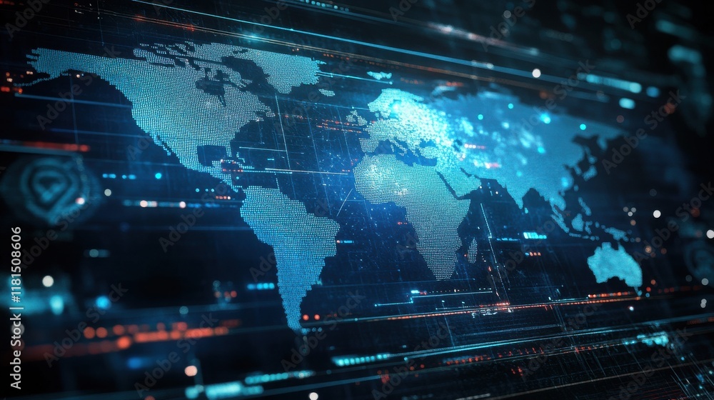 Aufkleber a digital representation of a world map, highlighted with glowing data streams and patterns, suggest