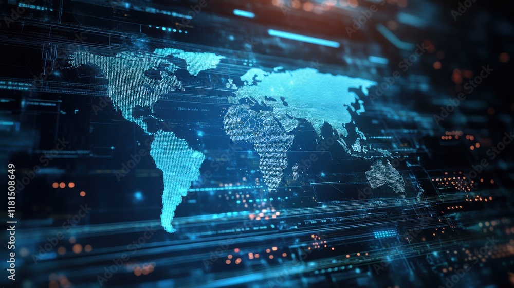 Poster a digital world map illuminated by blue light, depicting data streams and futuristic technology.
