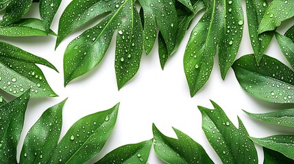 Closeup of vibrant green leaves with dewdrops isolated seamless frame white background natural fresh appeal 