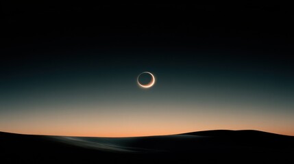 Obraz premium A breathtaking solar eclipse unfolds as the moon partially obscures the sun, revealing a radiant corona. The tranquil desert dunes set a perfect backdrop against the twilight sky