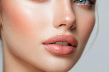 Obraz premium Close-up of a woman's face featuring perfectly smooth skin and defined lips in a bright, neutral setting