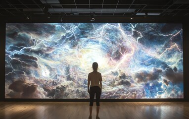 Fototapeta premium A person stands before a massive, mesmerizing digital artwork depicting a swirling nebula with vibrant lightning. Awe-inspiring cosmic scene.