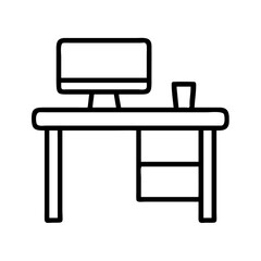office desk icon, office line art, office vector - simple black line art icon of office desk perfect for logos, and office-themed designs.