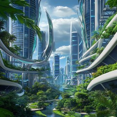Naklejka premium Futuristic city with lush greenery and advanced architecture. A vibrant, eco-friendly metropolis of the future.