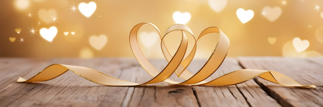 Golden Ribbon Hearts on Rustic Wooden Background with bokeh light blur effect texture valentine weeding day concept