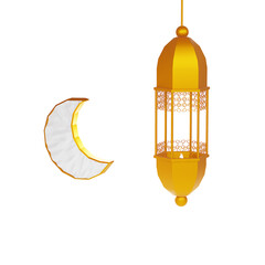 Islamic greetings ramadan kareem card design with beautiful lanterns and crescent moon on white background. 3d render.