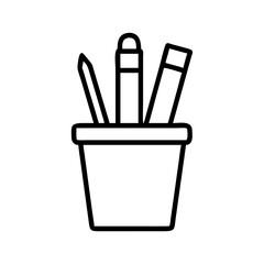pen holder icon, office line art, office vector - simple black line art icon of pen holder perfect for logos, and office-themed designs.