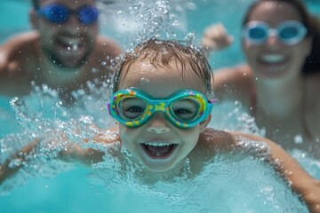 Naklejka premium Child learning to swim with colorful goggles in a family pool joyful moments underwater fun and safety in aquatic environment