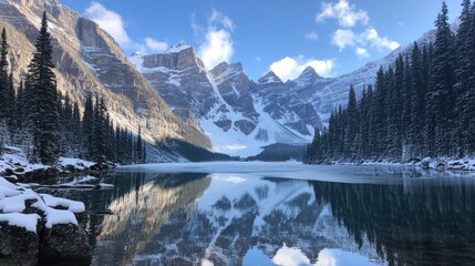 Fototapeta premium Moraine Lake's Winter Wonderland: A Breathtaking Reflection