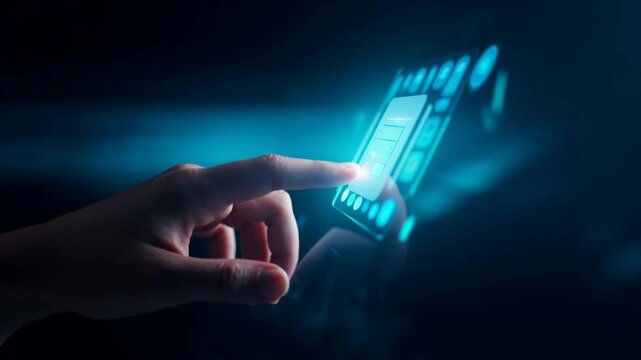 A hand touching a glowing holographic interface with futuristic icons floating in the air, a dark minimalist background with soft blue lighting.