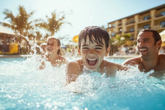 Family enjoying fun water games while swimming together at a hotel poolside sunny day joyful atmosphere relaxed environment close-up viewpoint concept of family bonding - Powered by Adobe