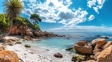 Secluded cove beach, sunny day, ocean view, boat sailing, travel postcard