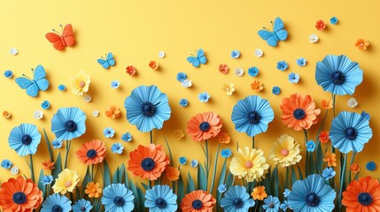 Fototapeta premium Vibrant Spring Meadow: Paper Flowers and Butterflies