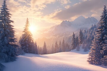 Fototapeta premium The sun sets over a snowy forest with snowcovered trees