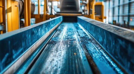 Fototapeta premium Close-Up View of Industrial Conveyor System Showing Smooth Metal Surface and Dusty Texture in Modern Manufacturing Plant Environment