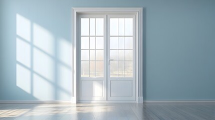 Obraz premium A French door with clear glass panes and a white trim, leading to an empty room.