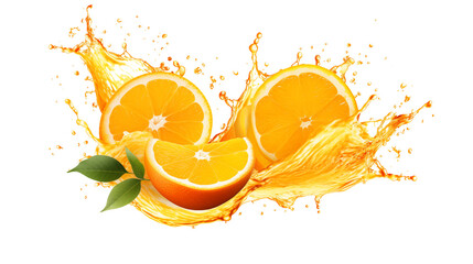 Orange juice splash with orange fruit isolated on transparent background