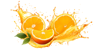 Orange juice splash with orange fruit isolated on transparent background