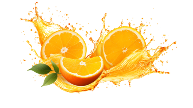 Orange juice splash with orange fruit isolated on transparent background
