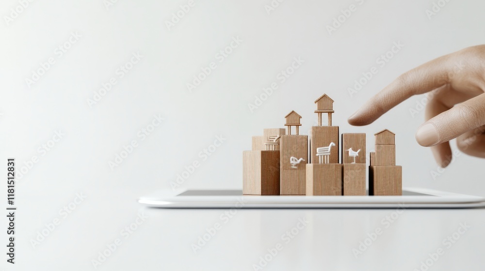 Poster Hand Interacting with Wooden Blocks Creating a Small Village Scene on a Tablet, Symbolizing Digital Innovation and Creative Planning in a Modern Context