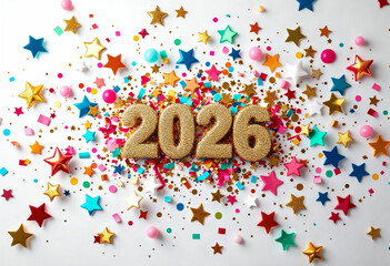 Golden numbers 2026 with glitter and festive confetti