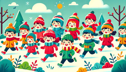 Naklejka premium 冬の野原を走る笑顔の子どもたちの楽しいイラスト