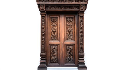 Fototapeta premium A vintage wooden door with intricate carving details on a plain white background.