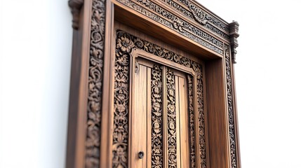 Obraz premium A vintage wooden door with intricate carving details on a plain white background.
