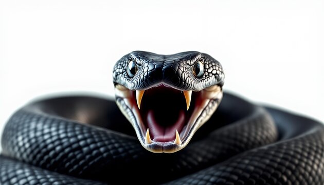 Black Mamba Striking Pose: A Close-Up of a Venomous Snake's Fangs