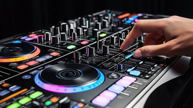 Dj adjusting pitch control nightclub closeup photography electronic music environment hand perspective precision sound manipulation