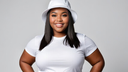 Plus size young black woman wearing white t-shirt and white bucket hat isolated on grey background