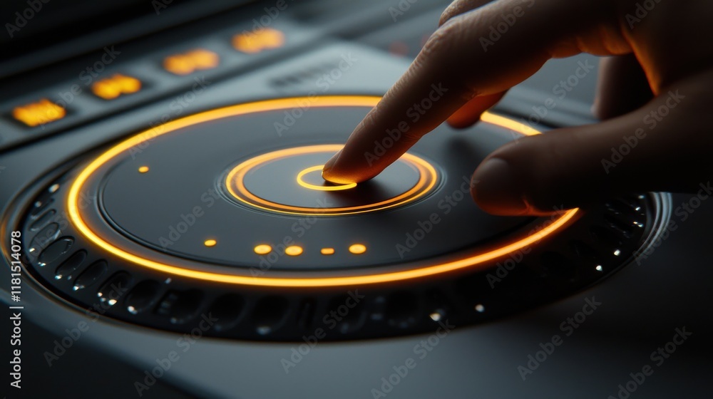 Poster Dj performance action closeup of a hand pressing a glowing loop button in a nightclub setting technology environment high-detail viewpoint for electronic music enthusiasts
