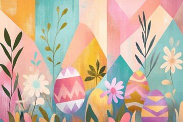Abstract Easter Eggs Hidden Amongst Pastel Flowers and Plants