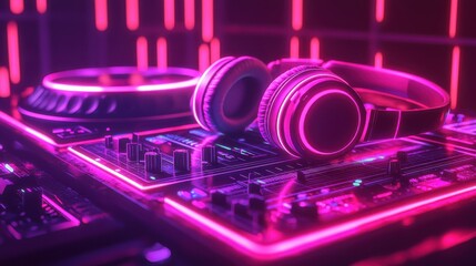 Vibrant dj headphones resting on a glowing turntable nightclub closeup image neon environment artistic perspective