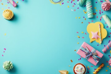 Obraz premium A blue background filled with many birthday decorations