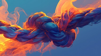 Vibrant knotted rope with a colorful smoke background, creating a dynamic and striking visual effect.