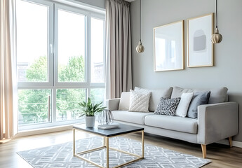 A spacious living room with an elegant sofa, sleek coffee table, and wall lighting, creating a sophisticated atmosphere. The large windows in the background show a cityscape view. The modern 