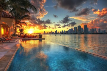 Fototapeta premium Sunset poolside mansion, city skyline, tropical vacation