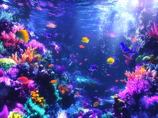 Fototapeta premium Vibrant coral reef teeming with colorful fish and sunlight beams. Perfect for marine life, ocean, and underwater themes.