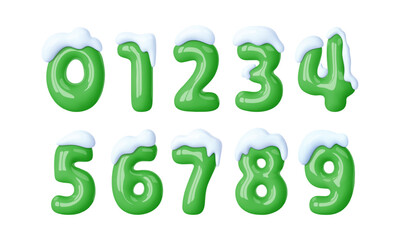 3d winter number from 1 to 10 isolated. Green balloon number under snow cap. Winter decoration element for holiday design, Christmas, New Year card. Cartoon vector illustration