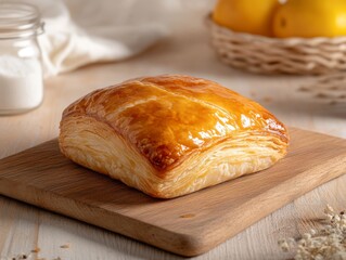 Golden Pastry on Wooden Board with Fresh Background