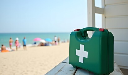 Green first aid kit on boardwalk at sunny beach