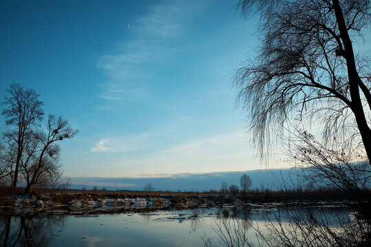 Early spring river landscape, bare trees without leaves against a blue sky. Shot on a cool spring day.