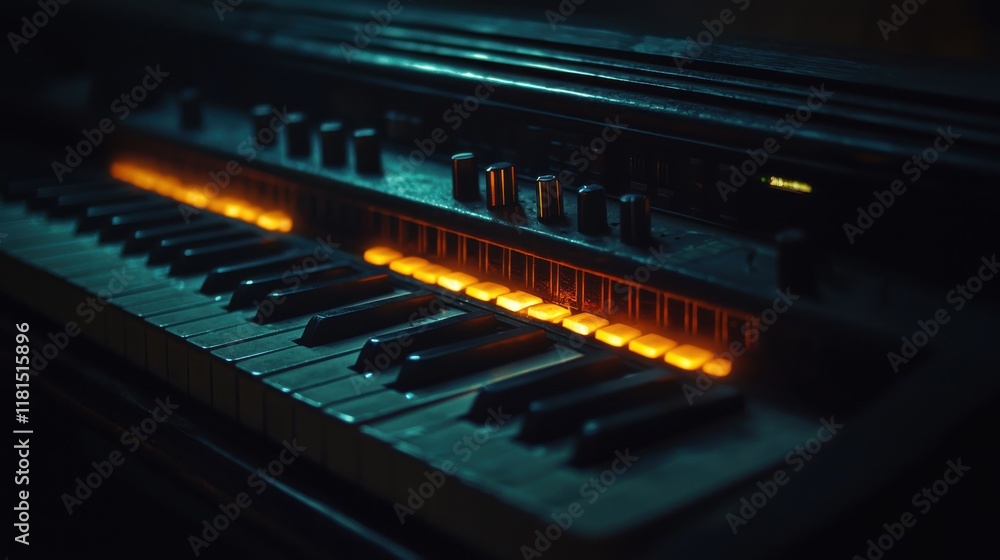 Poster Sliding crossfader with glowing controls dj booth detailed shot nighttime setting close-up perspective illuminated audio equipment for enhanced music experience