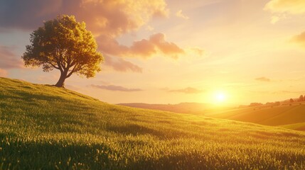 Serene sunset landscape with lone tree on grassy hill.