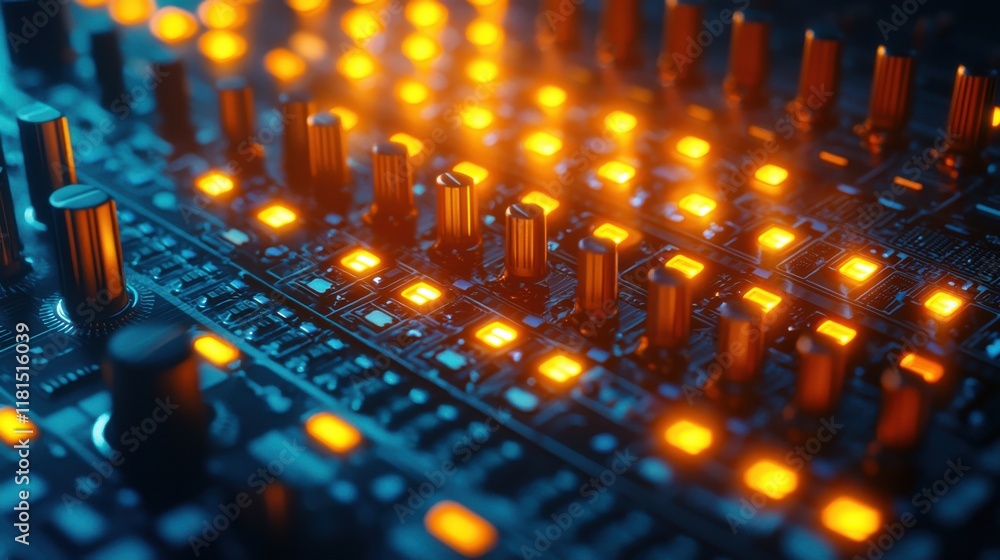 Aufkleber Dynamic dj performance nightclub close-up shot of dj controller with vivid led backlight electrifying atmosphere low angle viewpoint highlighting innovative sound technology