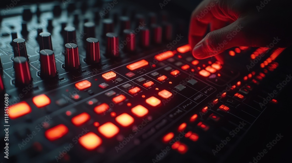 Poster dynamic dj performance close-up of hand adjusting eq sliders in a studio setting for music productio