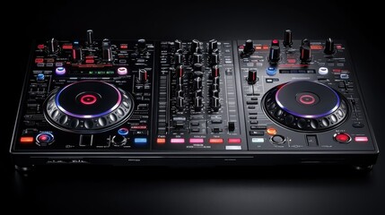 Fototapeta premium Dynamic dj performance nightclub detailed shot of dj controller vivid led backlight close-up view music technology